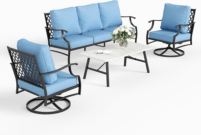 4 Piece Metal Outdoor Patio Furniture Set, Patio Conversation Sets 1 3-seater Sofa, 2 Swivel Chair with 5.75" Extra Thick Cushion and Coffee Table, Black Frame Backyard Furniture, Blue