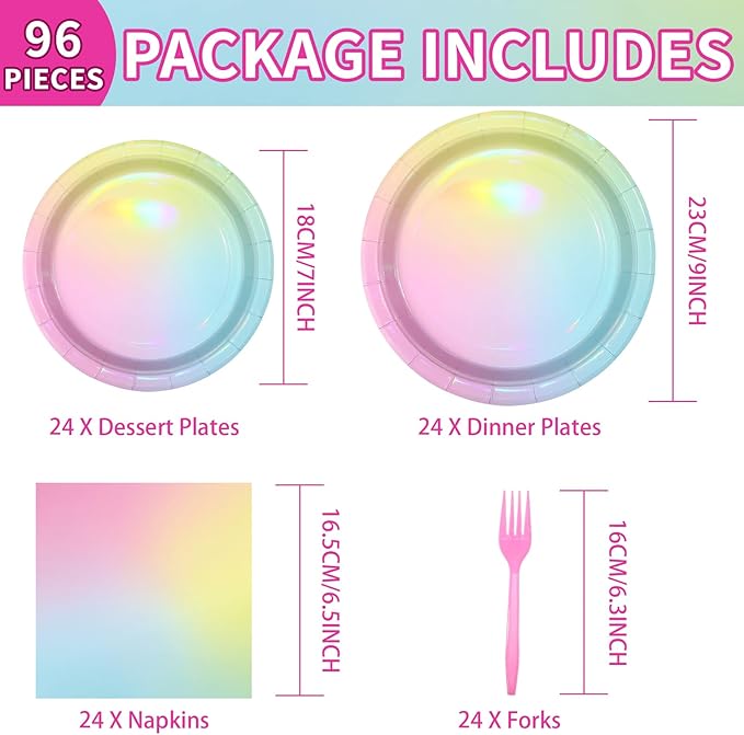 96Pcs Pastel Rainbow Birthday Party Supplies Iridescent Pastel Plates and Napkins Tableware Sets Rainbow Party Decorations for Girls Baby Shower Sprinkle Valentine's Day Party Favors Serves 24