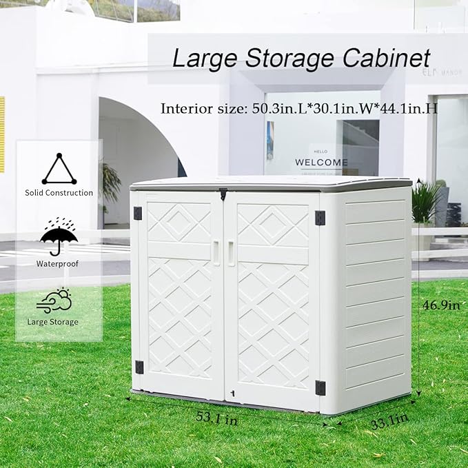 Resin Outdoor Storage Shed, 38 cu.ft Outdoor Storage Box Waterproof for Garden Tools, Patio Furniture, Trash Cans, Garage Storage, Customized Shelves & Lockable (Off White)