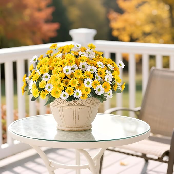 Fake Mums Fall Artificial Flowers for Outdoor Decoration, 6 Bundles Faux Silk Daisy Flowers Realistic UV Resistant No Fade Fall Fake Plants for Home Patio Porch Garden Window Box Decor(Yellow White)