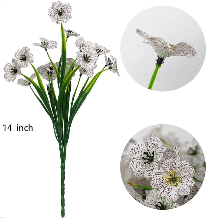 15 Bundles Artificial Flowers UV Resistant Outdoor Plants No Fade Faux Plastic Shrubs Fake Silk Flowers Window Box Garden Porch Home Decoration(White)