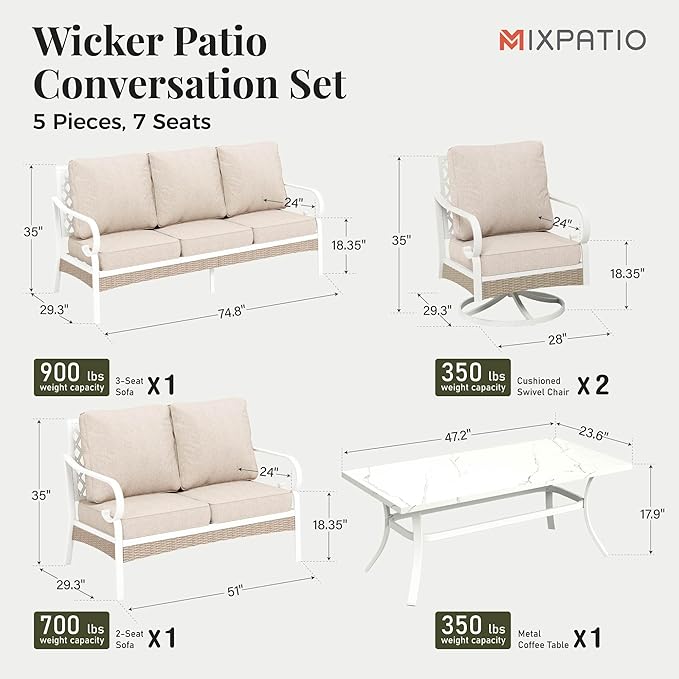 5 Piece Patio Furniture Set, 2 x Swivel Chair, 1 x 2-Seat Sofa, 1 x 3-Seat Sofa with Marbling Coffee Table, All Cushioned 7 Seats Outdoor Conversation Set for Lawn Garden Backyard, Beige