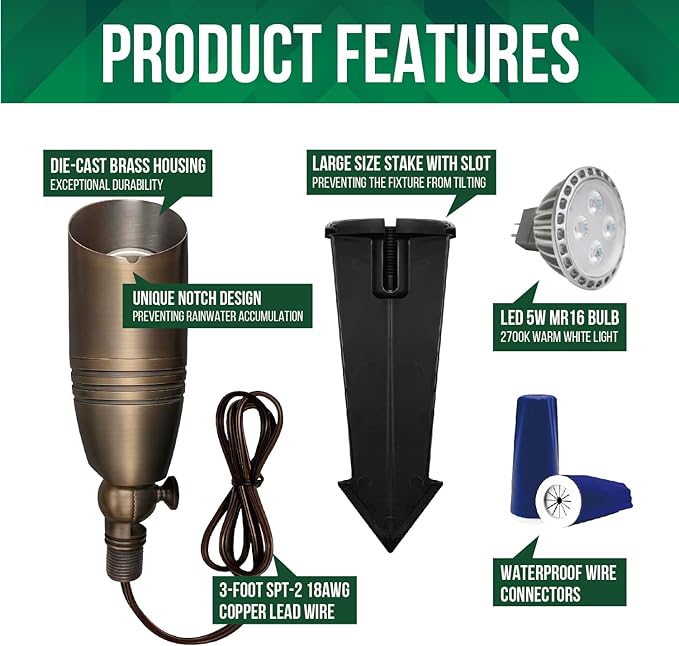 GKOLED UL Listed Solid Brass Landscape Spotlight, Low Voltage Outdoor Directional Uplight, with 5W MR16 LED Bulb & Large Rugged Slot Spike, 12V AC/DC Garden Patio Spot Up Light