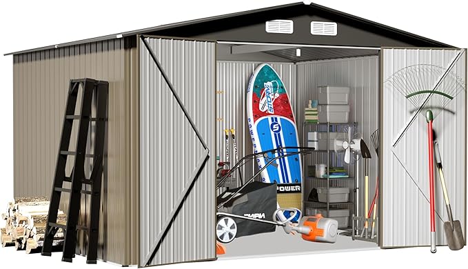 8' x10' Outdoor Metal Storage Shed, Outdoor Metal Shed, All-Weather Resistant Steel Garden Shed with Double Lockable Door, Waterproof Garden Tool Storage Shed for Patio, Backyard, Lawn