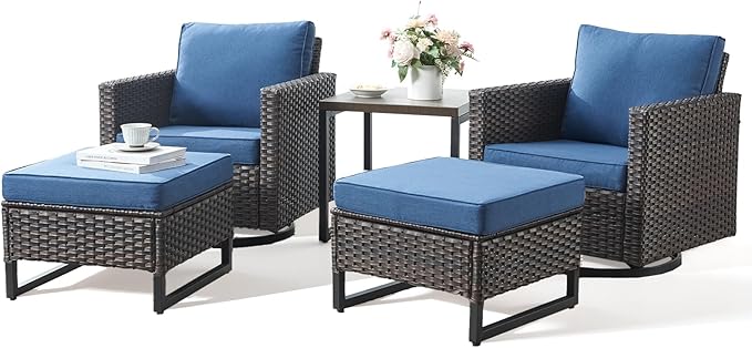 Patio Furniture Set with Swivel Chairs-5 Piece Outdoor Swivel Rocker Patio Chairs with Ottomans Rattan Side Table, Comfy Cushion Outdoor Furniture Set for Porch Deck Garden Backyard(Brown/Blue)
