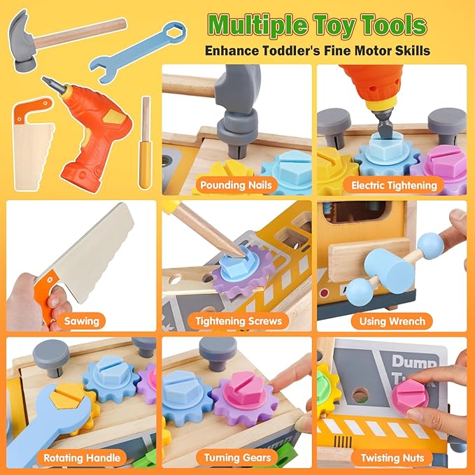 Aliex 38PCS Kids Wooden Truck Tool Set with Toy Drill for Toddlers Ages 3 4 5 6,Montessori STEM Educational Learning Construction Workbench Pretend Play Tool Kit,Birthday Sensory Gift for Boys Girls