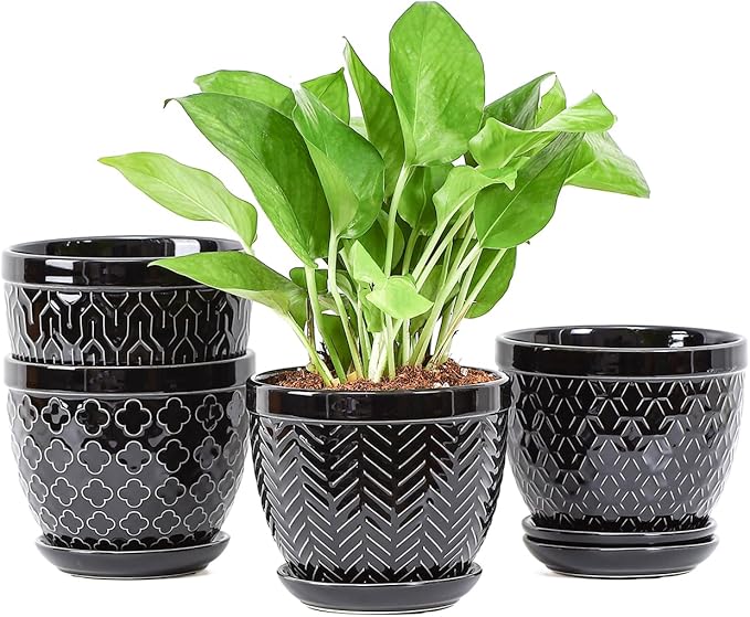 Sureasy Ceramic Indoor Plant Pots - 5.6 Inch Flower Pots for Plants with Drainage Hole and Saucer, Embossed Planter for Succulents, Orchid, Cactus, Indoor Home Decor, Set of 4, Black