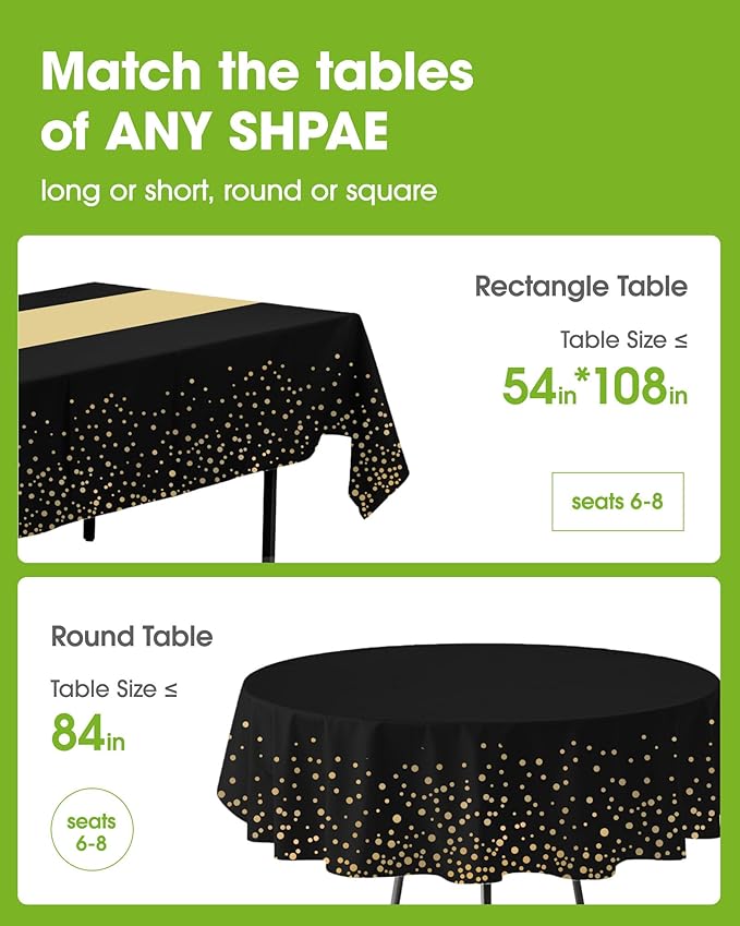 Pureegg Plastic Table Cloth Disposable 8 Pack, 54 x 108 Inch, Table Runner Style, Graduation Decorations 2025, Party Tablecloths, Rectangle, Plastic Cover, Leakproof & Sturdy, Black Gold