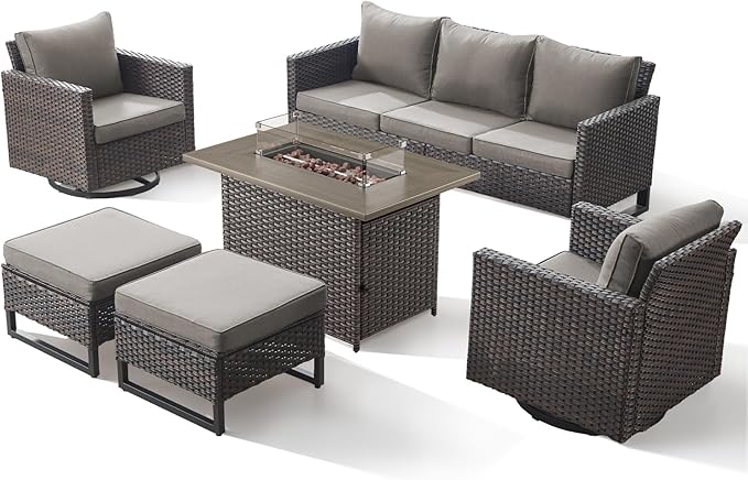 Patio Furniture Set with Fire Pit Table-6 Pieces All Weather Outdoor Swivel Chairs Set of 2 with Patio Sofa and Ottomans, Patio Conversation Sets for Porch Deck Garden Backyard(Brown/Grey)