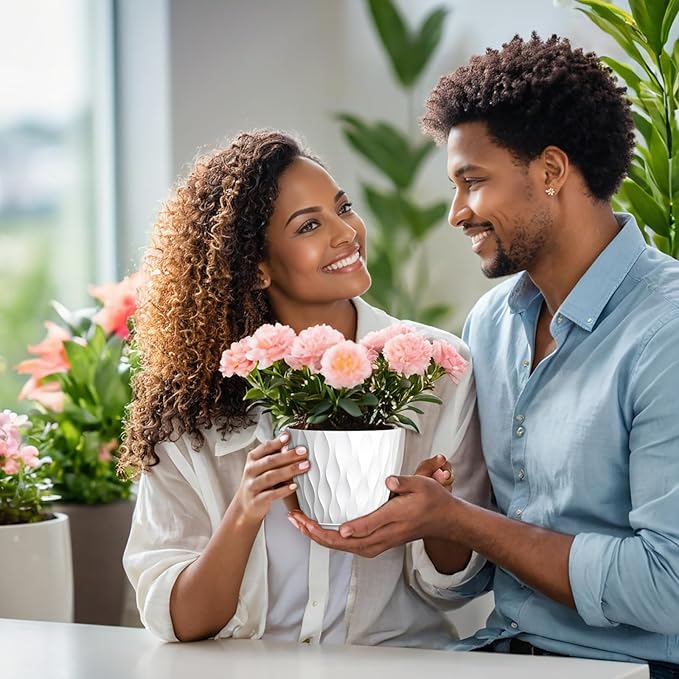 5 inch Plant Pots for Indoor Outdoor Plants, 6 Pack Thick Nursery Pots with Drainage Holes and Saucers, 3D Modern Wave Texture Small Plastic Planter Flower Pots for Succulent, Herb, White