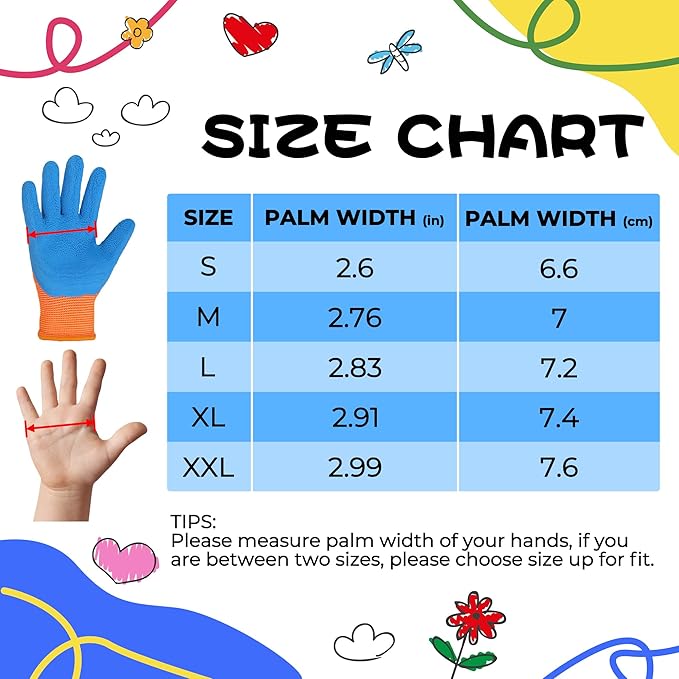 HANDLANDY 3 Pairs Kids Gardening Gloves Latex Free, Nitrile Coated Children Toddler Garden Yard Work Gloves for Little Girls Boys (Size M, Black-Orange)