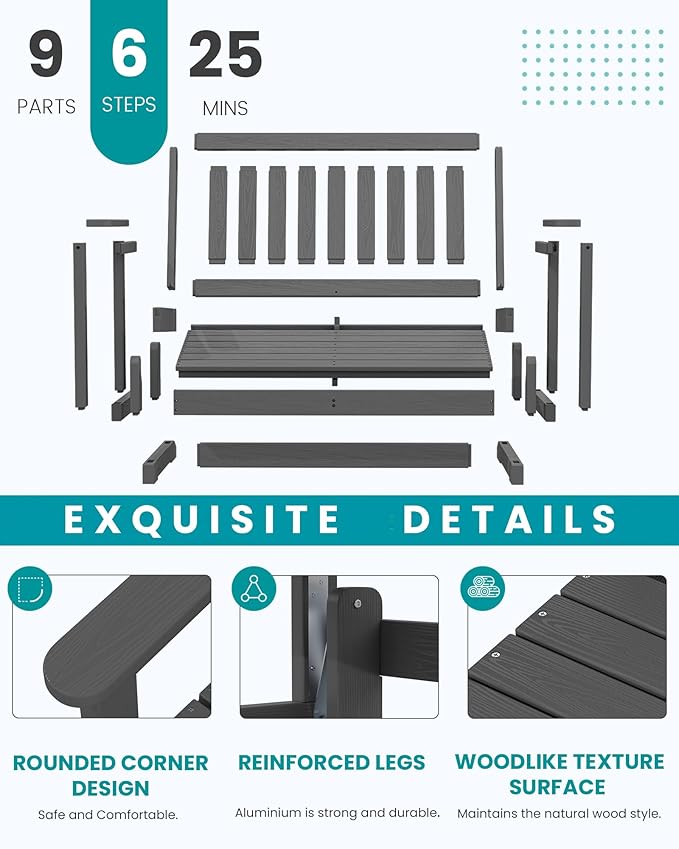 SERWALL Outdoor Glider Rocking Chair, HDPE All-Weather Resistant 2-Person Loveseat, Outdoor Rocking Bench Chair with 660LBS Capacity for Backyard Garden Porch, Grey