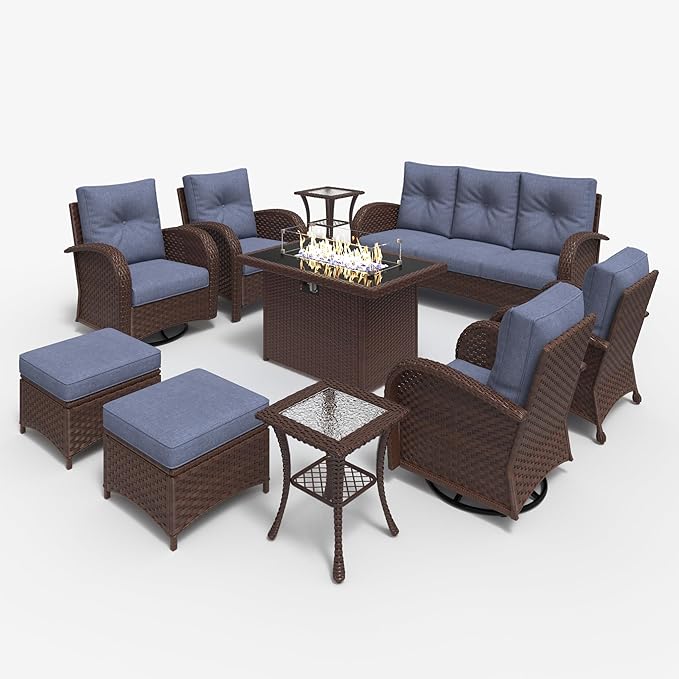 LayinSun 10 Pieces Outdoor Patio Furniture Set with Fire Pit Table, Rattan Wicker Sectional Swivel Rocker Chairs Sets