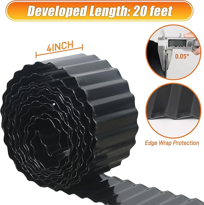 Corrugated Metal Garden Edging, 4"×20Ft Landscape Edging Border for Lawn, Flower Bed, Garden Fence, Paver Edging, Metal Garden Edging for DIY Borders and Landscaping, Black