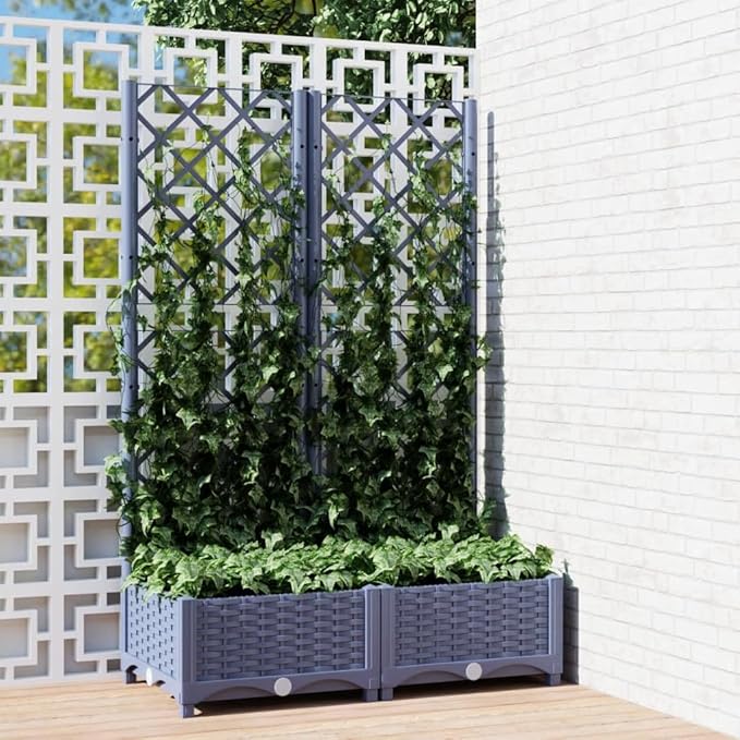 Garden Planter with Trellis, Outdoor Raised Garden Bed for Climbing Plants, Dark Gray 31.5"x15.7"x47.8" PP