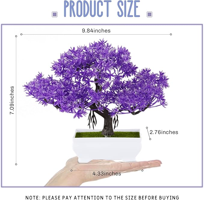 Mini Artificial Bonsai Tree Plants with Plastic Cement Pots for Home Office Décor (Purple)