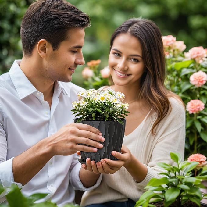 7 inch Plant Pots for Indoor Outdoor Plants, 5 Pack Thick Flowers Pots with Drainage Holes and Saucers, 3D Modern Wave Texture Plastic Planter Pots for House Plants, Black