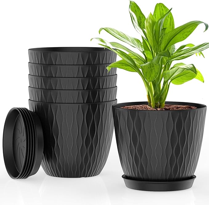6 Inch Plant Pots, 6 Pack Flower Pots for Indoor and Outdoor Use, Planters with Drainage Holes and Saucers, Black