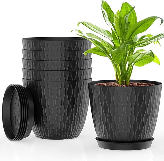 6 Inch Plant Pots, 6 Pack Flower Pots for Indoor and Outdoor Use, Planters with Drainage Holes and Saucers, Black