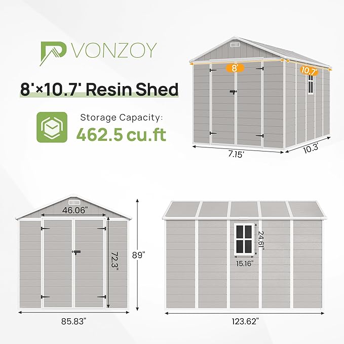 Resin Outdoor Storage Shed with Floor, 8x10.5 FT Plastic Garden Shed with Lockable Door & Window for Bike, Garbage Can, Lawn Mower, Bedge