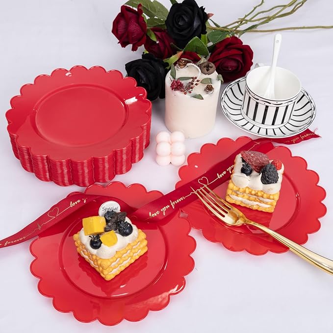 SUT 72Pcs Red Plastic Plates-7.5inch Red Dessert Plates, Red Disposable Plates, Disposable Plates,Fancy Plastic Plates, Heavy Duty Plastic Plates for Wedding & Parties