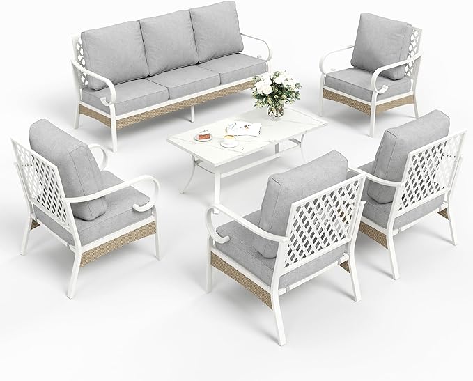 6 Piece Metal Outdoor Patio Furniture Set, Patio Conversation Sets 1 3-Seater Sofa, 4 Single Sofa with 5.75" Extra Thick Cushion and Coffee Table, White Frame Backyard Furniture, Gray