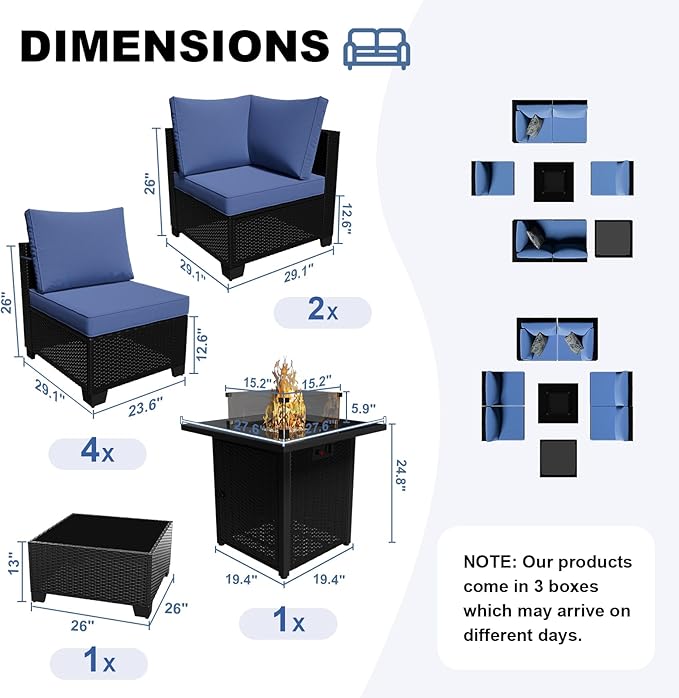 Patio Furniture Set with Fire Pit Table 28", 8-Piece Outdoor Furniture Set with Thick Cushions, Wicker Sectional Sofa for Porch Garden Backyard, Coffee/Blue