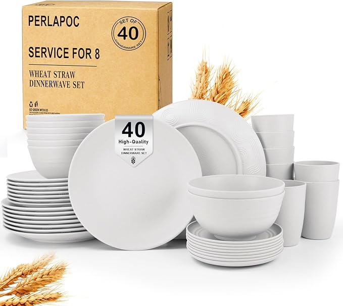 40 PCS Wheat Straw Dinnerware Sets, Service for 8 - Dinner Plates, Cereal Bowls, Drinking Glasses, Unbreakable Plastic Plates and Bowls Sets, Dishwasher and Microwave Safe for Kitchen - White