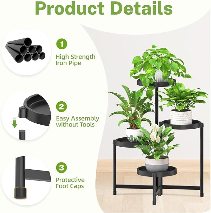 iDavosic.ly 4 Tier Folding Plant Stand Indoor Outdoor with Plastic Tray, Tiered Corner Flower Holder Shelf, Metal Orchid Display Rack for Patio Porch Living Room Garden Balcony, Modern Black