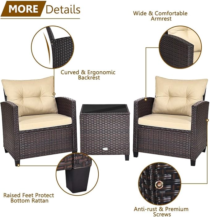 HAPPYGRILL 3 Pieces Patio Conversation Set, Outdoor Furniture Set PE Rattan Sofa Set with Removable Cushions, PE Wicker Chairs with Tempered Glass Side Table for Porch Lawn Garden Balcony Backyard