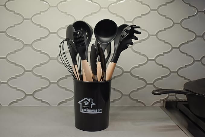 Kitchen Utensils Cookware Set, 12-piece BPA free Silicone with Wood Handle and Storage Container