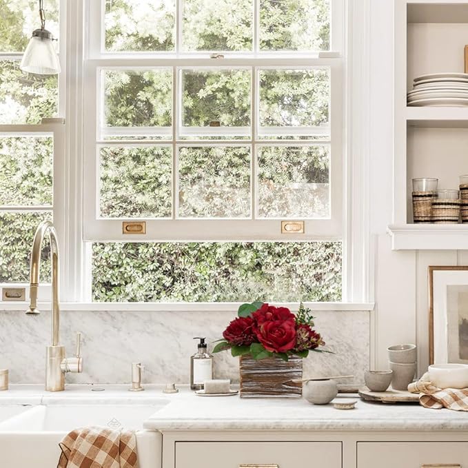 Flower Arrangement with Wooden Vase 8" Artificial Flowers in Pot - Fake Flowers Roses Peonies Hydrangeas in Wooden Vase Potted Artificial Flower Centerpieces for Table Decor Living Room - Red