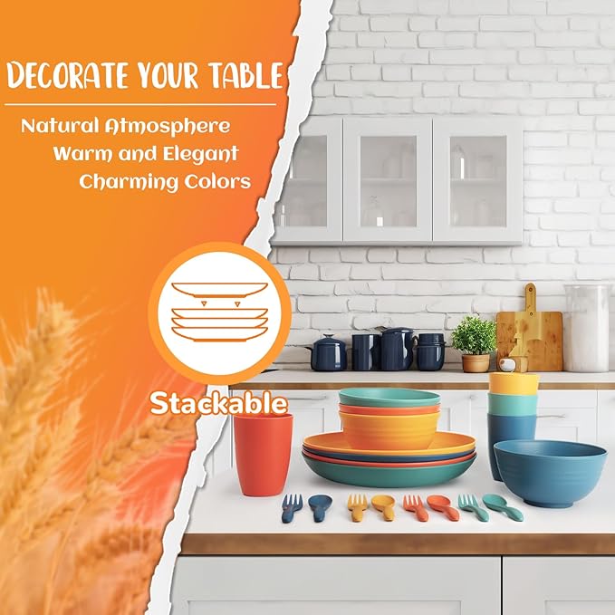 Wheat Straw Dinnerware Sets, 20 PCS Service for 4, Dishwasher & Microwave Safe Plates and Bowls Sets, Unbreakable Lightweight Outdoor Camping Dishes - Multicolor