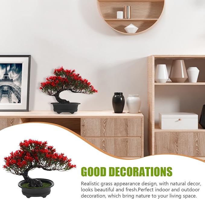 Hemoton Fake Bonsai Tree Artificial Pine Tree Christmas Party Decoration Bonsai Home Décor Fake Plants for Wall Farmhouse Room Décor 12.59x9.44 Red Artificial Bonsai Tree Realistic