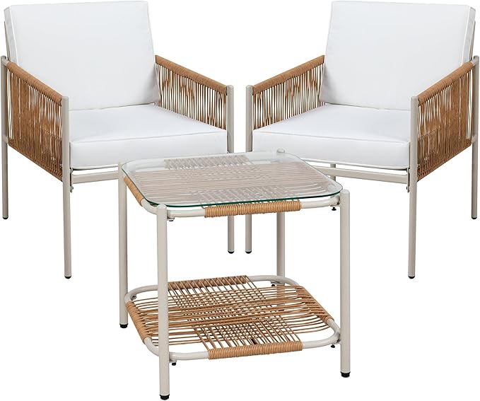 3 Pieces Patio Bistro Set,Outdoor Wicker Furniture Sets,Rattan Glass Table and Chairs Patio Conversation Set with Cushions for Lawn,Garden,Balcony(Beige)