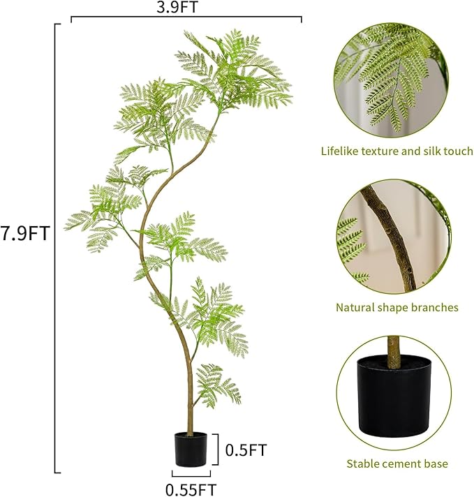 7.9FT Artificial Tree Fake Jacaranda Tree,Faux Tall Tree Lifelike Green Leaves Large Plants Indoor Fake Trees for Home Decor