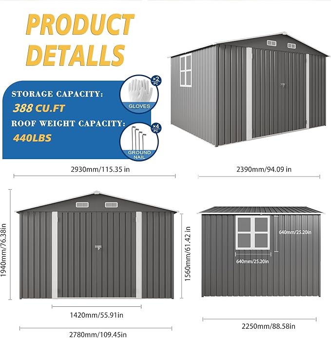 10x8x6.4FT Outdoor Storage Shed, Galvanized Steel Garden Shed with Lockable Door & Window, Waterproof Metal Tool Storage for Garden, Backyard, Patio, Lawn(Grey)