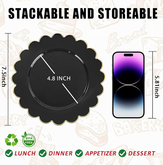 SUT 72 PCS Black Plates,Black Plastic Plates with Gold Rim, Black Party Plates, Plastic Plates for Party, 7.5 inch Plastic Dessert Plates, Black Disposable Plates for Party,New Year,Halloween