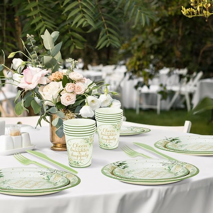 350 Pcs Eucalyptus Leaves Bridal Shower Paper Plates Napkins Cups Disposable Sage Green Tableware Set With Knives Forks Cheers to Love Party Favors for 50 Guest Wedding Engagement Decor