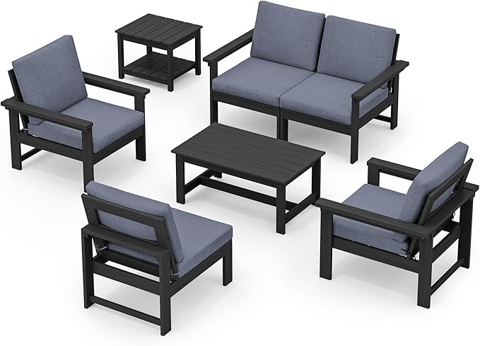 SERWALL HDPE Patio Furniture Set, 7-Piece Outdoor Sectional Sofa Set, All Weather Outdoor Couch Set for Deck, Lawn, Black Frame with Grey Cushion