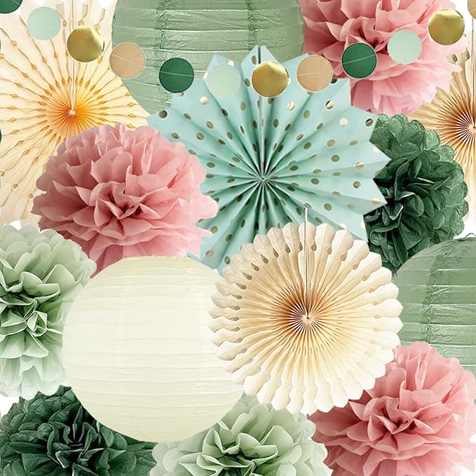 Sage Green and Dusty Pink Party Decorations Green & Pink Party Decor Sage Tissue Pom Poms Paper Lanterns Beige Paper Fans for Women Girls Birthday Wedding Bridal Shower Baby Shower Party Decor