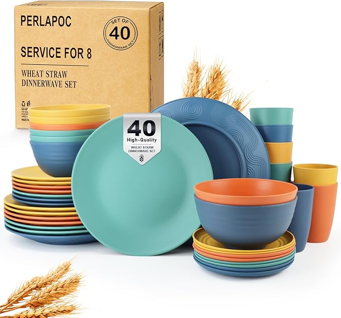 Wheat Straw Dinnerware Set 40 PCS - Service for 8 | Plates and Bowls Sets | Unbreakable Dishes Set - Dinner Plates, Dessert Plate, Cereal Bowls, Drinking Glasses, Dishwasher Safe - Multi