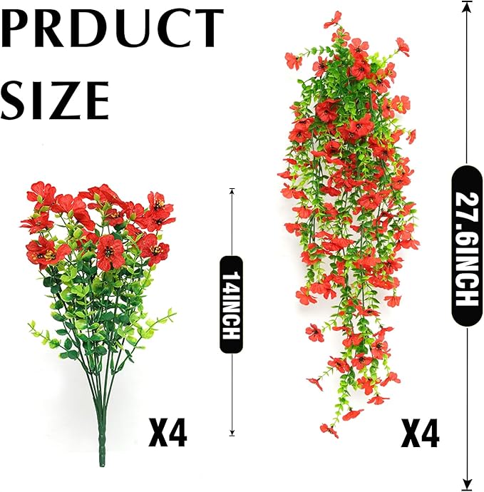 8PCS Artificial Flowers for Outdoors,Hanging Outdoor Faux Plants,UV Resistant Fake Flowers for Outdoor Planters,Realistic Fake Plants Spring Decor for Porch,Patio,Yard (Red)