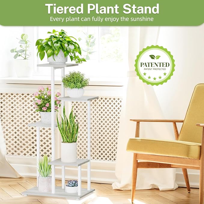 iDavosic.ly 5 Tier Plant Stand Indoor, Tiered Corner Plant Shelf for Multiple Plants, Metal Wood Tall Plant Display Rack Flower Holder for Patio Porch Garden Balcony Bedroom, White