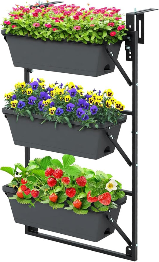 Giantex Vertical Raised Garden Bed, Hanging & Wall-Mounted Planter Garden Boxes, Adjustable Shelf & Detachable Hooks, 3-Tier Railing Raised Beds for Flower Strawberry Vegetable