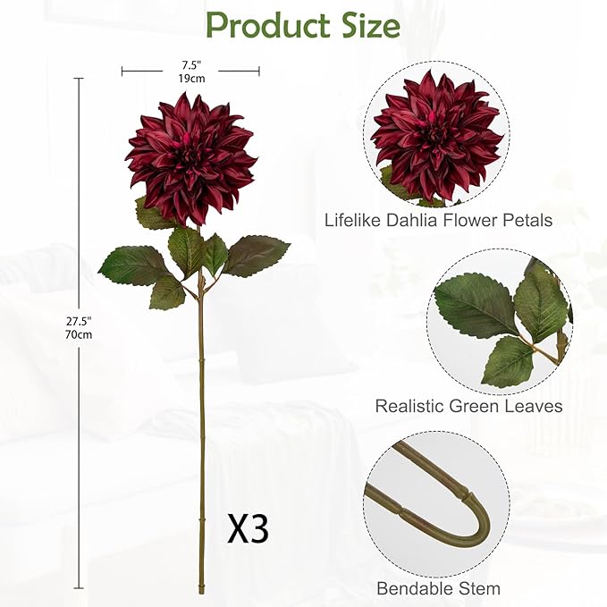 Hollyone 3Pcs Dark Red Fake Dahlia Flowers Fall Flowers Artificial for Decoration Silk Flower with Long Stem 28" Floral Arrangements Bouquets Autumn Faux Dahlias Centerpieces Fall Decorations for Home
