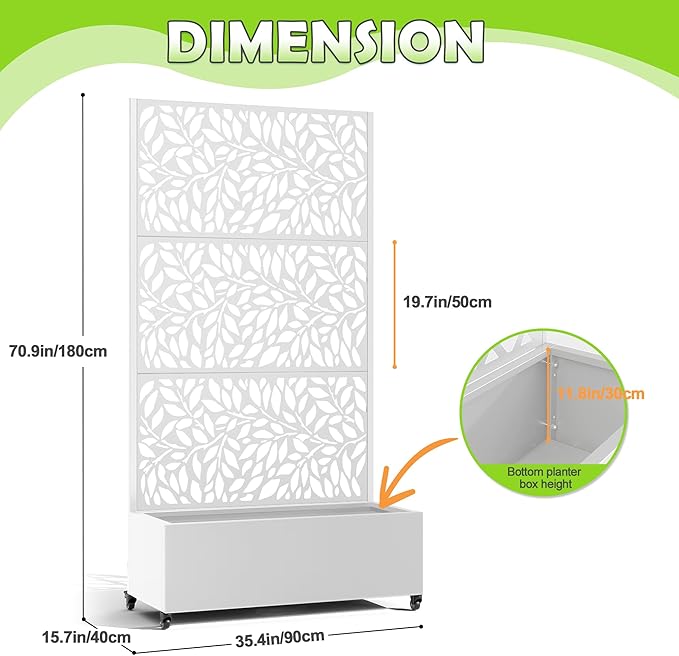 15.7"×70.9"×35.4" Metal Raised Garden Bed with Trellis and Wheels - Tall Trellis Planter Box for Climbing Plants, Vegetables & Vines - Outdoor Privacy Planters for Patio (White)