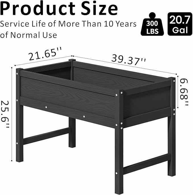 Raised Garden Bed Outdoor with Legs,HDPE Elevated Planter Box Rot-Resistant and Non-Cracking,Raised Beds for Gardening for Backyard, Patio, Balcony, 300lb Capacity Black