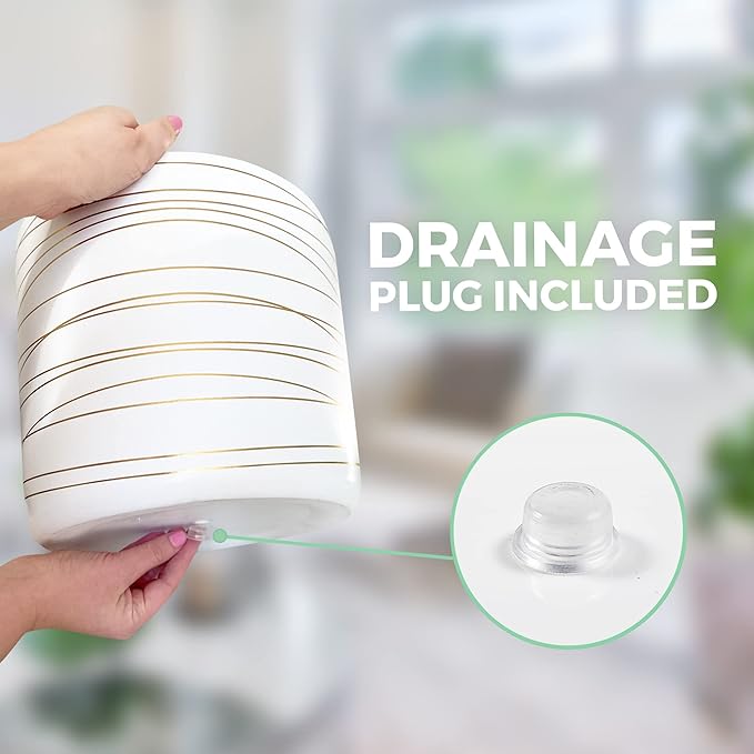 Willowy 12 Inch Ceramic Pot - Slightly Tapered Matte White with Metallic Gold Stripes - Drainage Plug Included