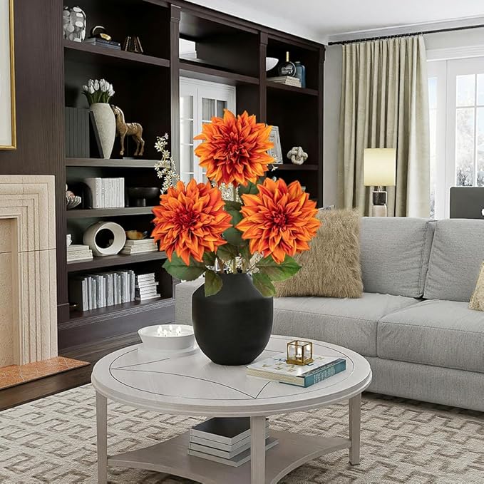 3Pcs Orange Artificial Dahlia Flowers Fall Fake Flower Silk Flowers with Long Stem 27.5" Floral Arrangements Bouquets Autumn Faux Dahlias Flowers for DIY Wedding Party Centerpieces Home Decor